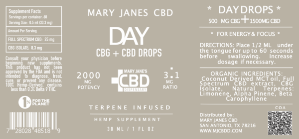 Terpene Day CBD and CBG drops 3 and 1 mg ratio 2000mg potency